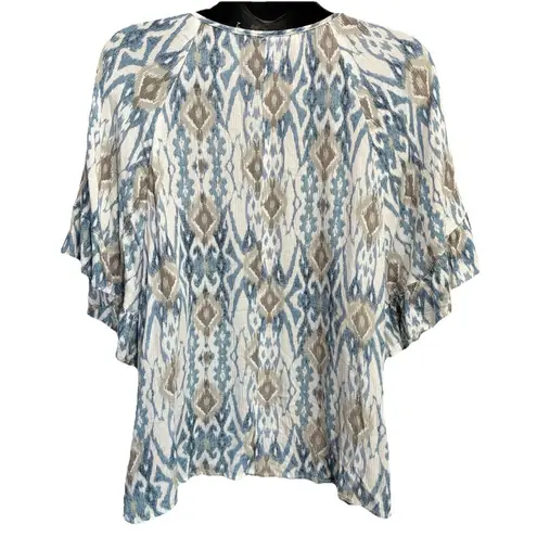 Love Stitch White/Blue Geo Print Butterfly Short Sleeve Tie Neck Blouse Size S Blue