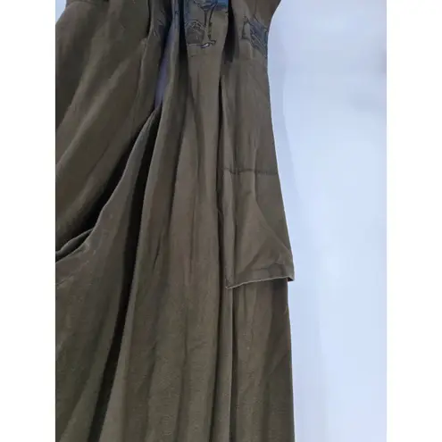 Blue Fish Women's Olive Green Wide Leg Pants Boho Art Print Pockets Size 2