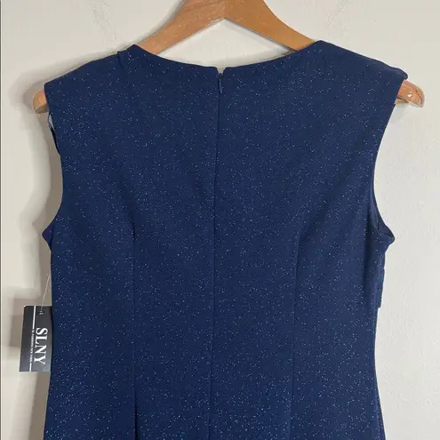 Slny SL Fashion sleeveless navy midi metallic sheath dress dazzling brooch size 8