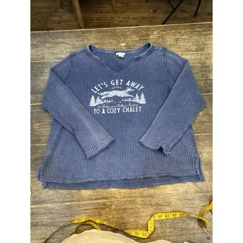 Sundance Thermal Long Sleeve T Shirt Graphic V Neck Waffle Knit Size XL Blue