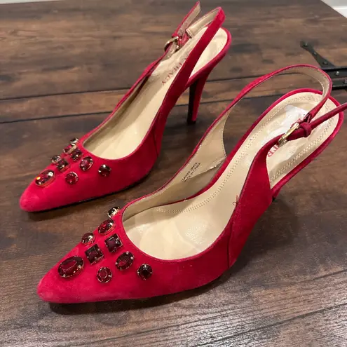 Ellen Tracy Women Red Suede Embellished Slingback Heels Pumps Size 7.5