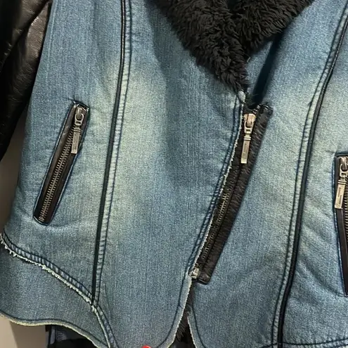 Tribal Jeans Y2K faux shearling pleather moto jacket zip with fur Blue Size M