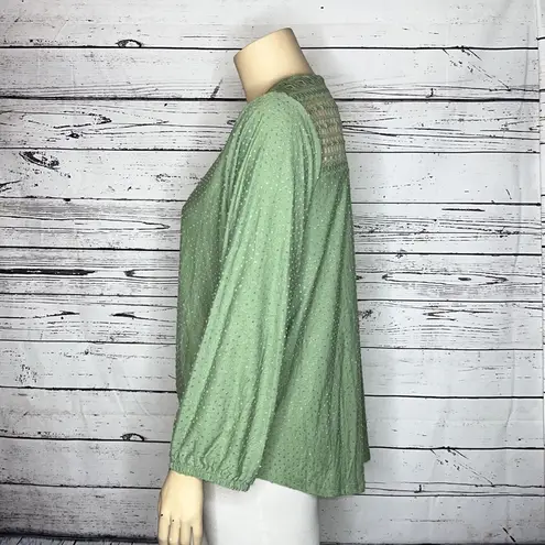 New York Laundry NWT 2X Green Swiss Dot Crochet Lace Tie Hem Faux Button Top