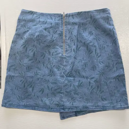 Lumière New Side Tie Asymmetrical Mini Skirt Denim Blue Green Leaf