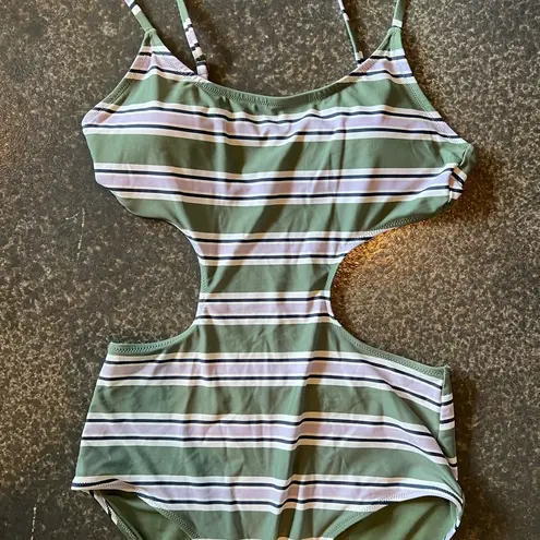 Aerie  Cut Out One Piece Olive Green Purple White Swimsuit Size Medium Long