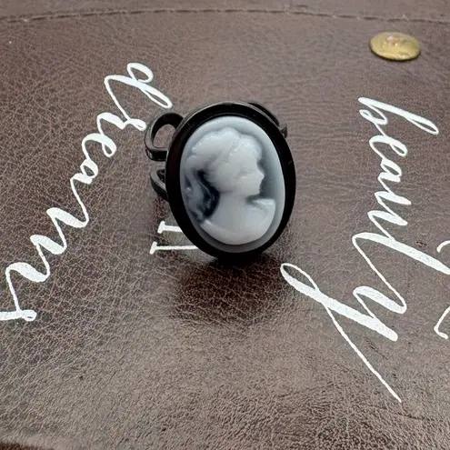 Handmade Cameo Ring | Gothic Black Stainless Steel Adjustable Band