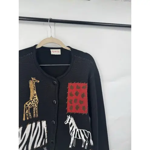 Crystal Kobe African Safari Patchwork Button Sweater Women XL Black Stitch Zebra