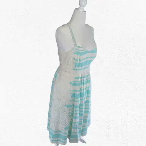 Moulinette Soeurs Blue White Striped Lace Inset Fit & Flare Midi Dress Size 6