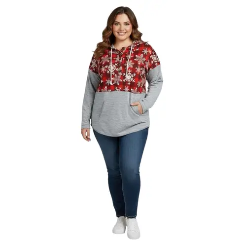 Grey Buffalo Plaid Snowflake Hooded Sweater Size 2XL Gray