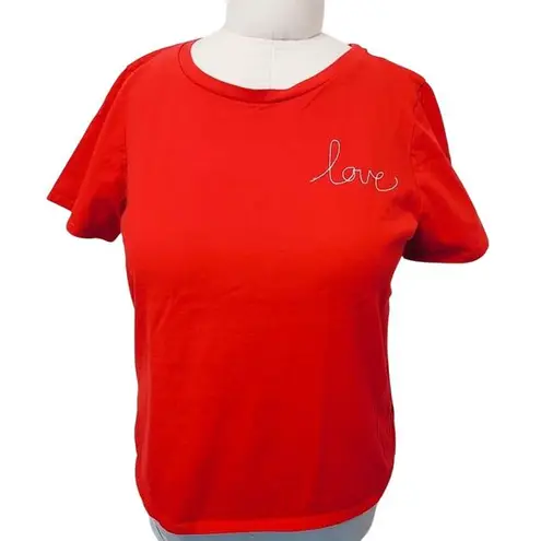 Ella Moss Valentine Red Love Embroidery Short Sleeve Casual Cotton Tee Shirt Top