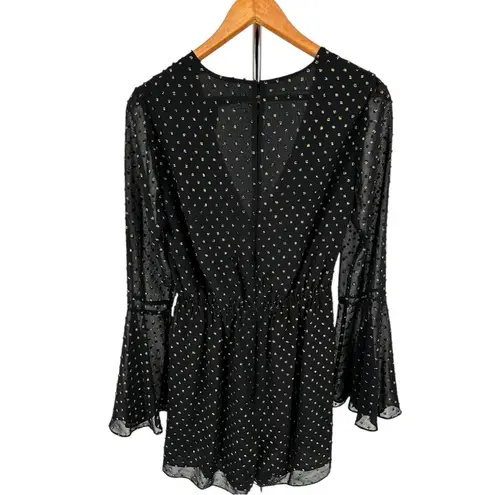 Jay Godfrey Colette Metallic Gold Dot Black V Neck Romper size 4 Bell Sleeve