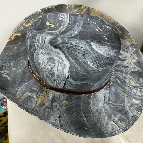 Distressed marble gold glazed Cowboy Hat w/Brown Leather Star concho Band unisex Blue Size M
