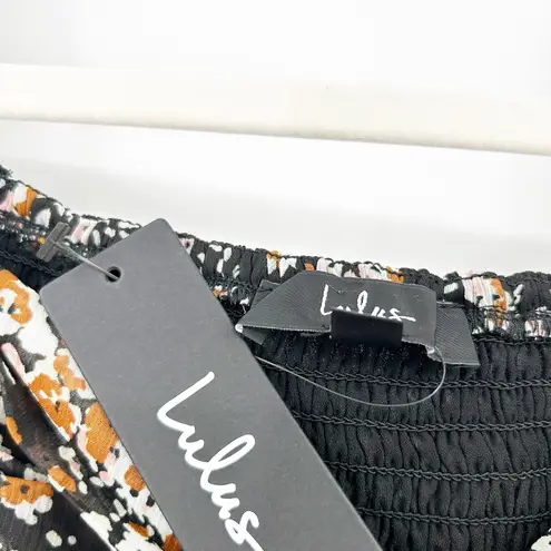NWT Lulus Womens Mood Setter Ruched Long Sleeve Ditsy Floral Crop Blouse Top S Black
