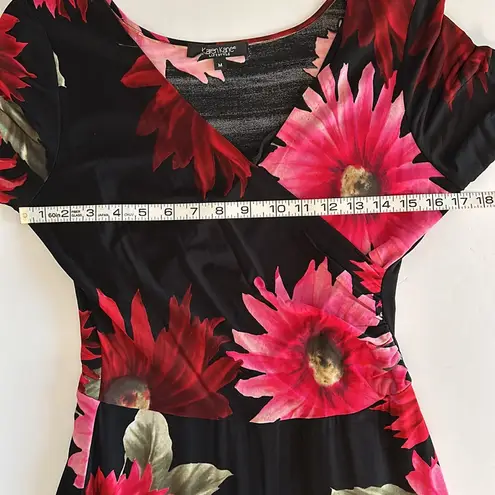 Karen Kane faux wrap elbow sleeve black pink red bold floral fit and flare dress