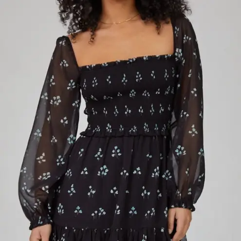 Wilfred Aritzia Tempest Dress Black Aqua Print Long Sleeve Mini Length Size XS