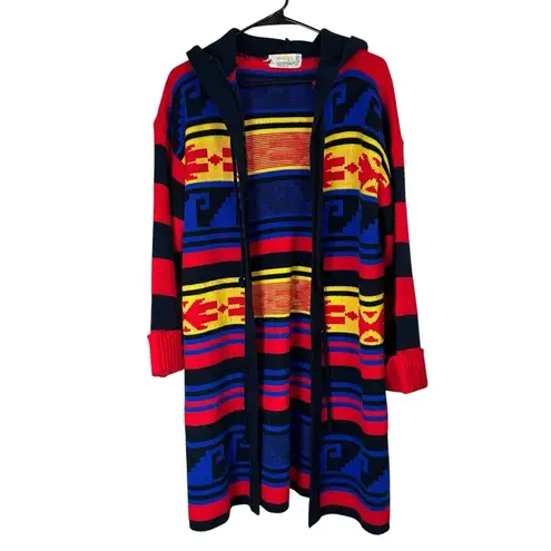 VTG 70s Colorful Long Knit Acrylic Sweater Southwest Aztec Retro Sz L Hood Boho Blue Size L