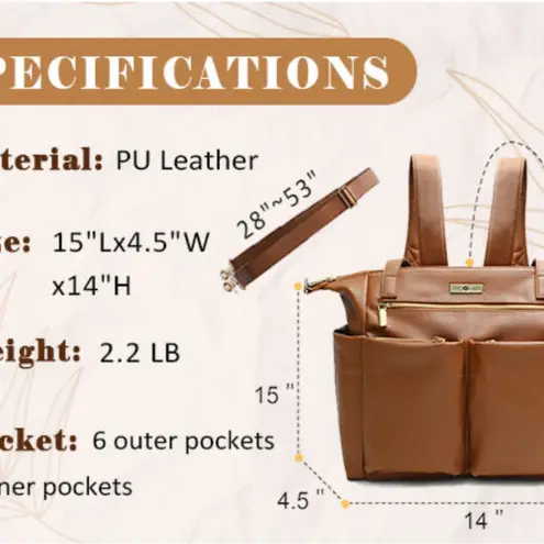 Brown patent leather diaper bag with multiple pockets and key holders