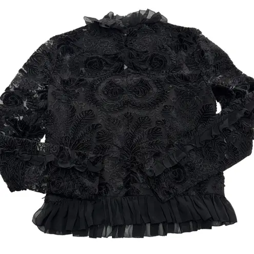 ML Monique Lhuillier Blouse Womens Small Sheer Velvet Floral Lace Long Sleeve Black