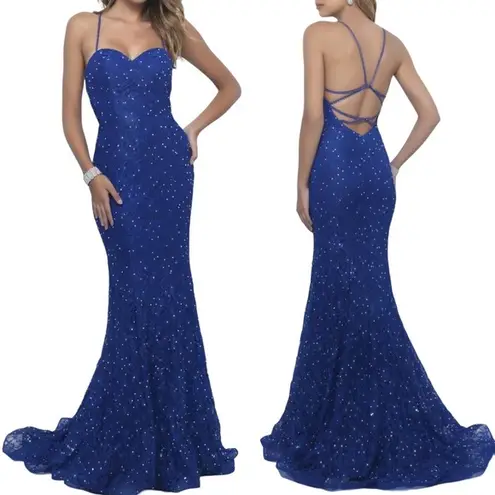 Intrigue Open Back Gown Rhinestone Spaghetti Strap Lace Blue Stretchy NEW 16