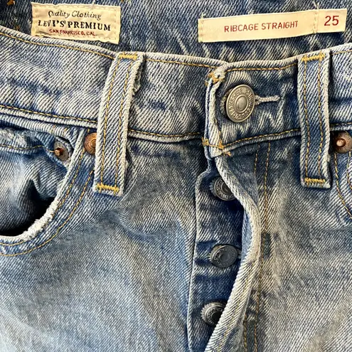 Levi's  Premium Ribcage Straight Jeans Ankle High Waist Distressed Blue 25x27