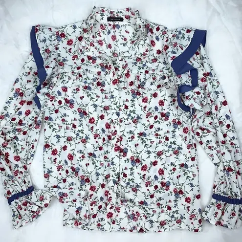 NWT En Saison Ruffle Floral Print Blouse Size Small Blue
