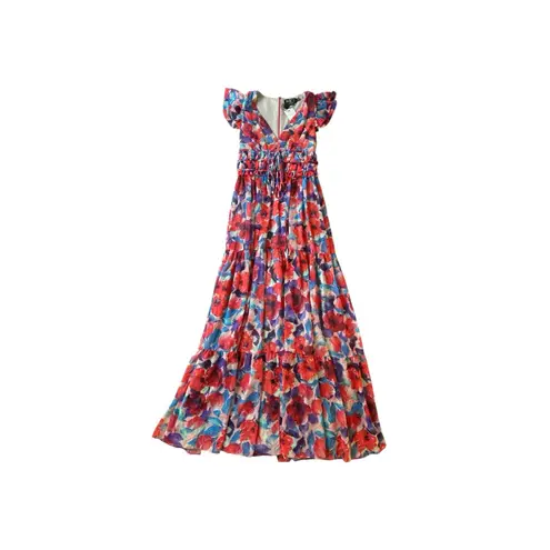 NWT $695 PatBO Violet Maxi Dress Women 4 Red Floral Chiffon Wedding Formal Event