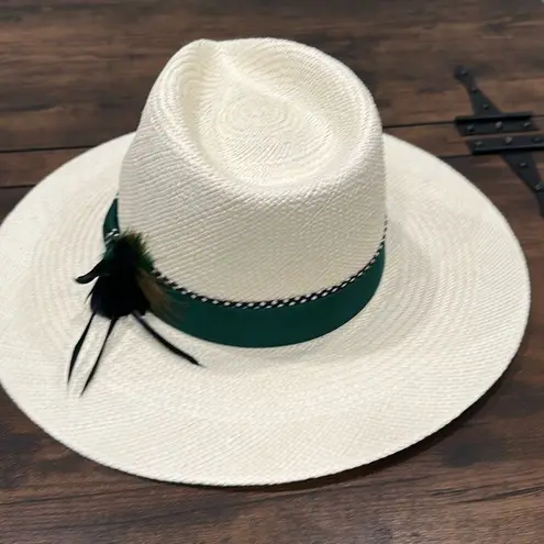 NWT B Couture Women's Wide Brim Feather Band Diane Panama Hat White Green 56cm/M Size M