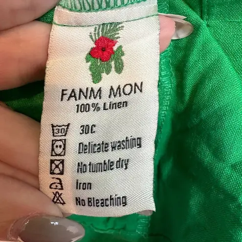 Fanm Mon 100% Linen Weave Snap Placket Short Flutter Sleeves Dress Size Medium M Green
