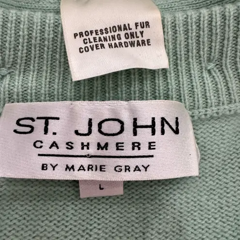 St. John Vintage/Rare Mint Green Cashmere Hooded Cardigan With Fox Fur Trim sz L - Image 12