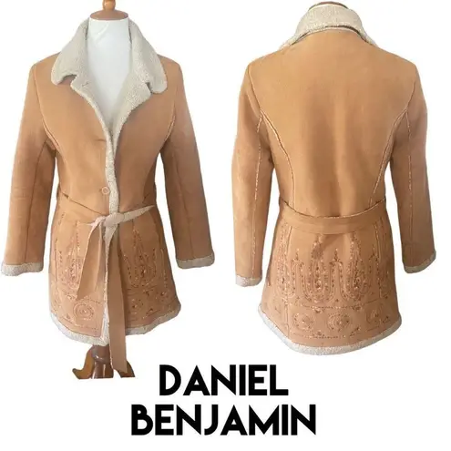Daniel Benjamin Faux Leather Sherpa Lined Embroidered Boho Style Jacket Size Sma Tan - Image 2