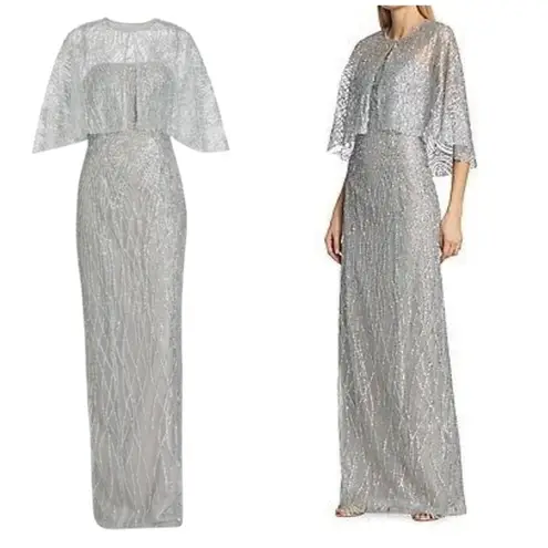 Marchesa Notte Strapless Beaded Glitter Tulle Column Gown Caplet Silver Size 8