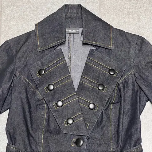 Bisou Bisou Dark Blue Denim Belted Jean Jacket Ruffled Hem S Military Band