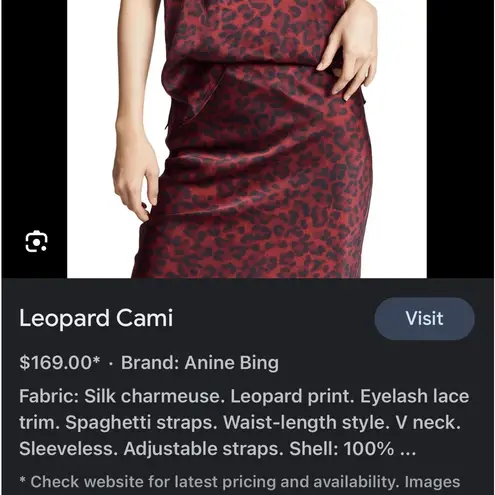 ANINE BING women’s red leopard print silk lace trim cami, size medium