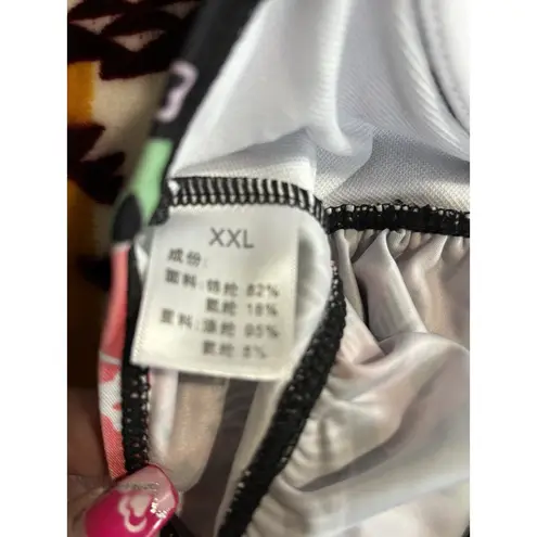 Alongshu Bikini Top Floral Black/Pink/Blue Molded Cups Tie Neck Ruffle Size XXL Black Size M