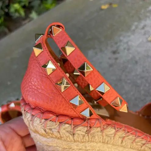 Valentino Garavani Valentino Rockstud double orange leather espadrille wedge sandal size IT 36 US 6