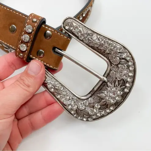 Nacona Brown‎ Leather And Calf Hair Rhinestone Western Belt Brown