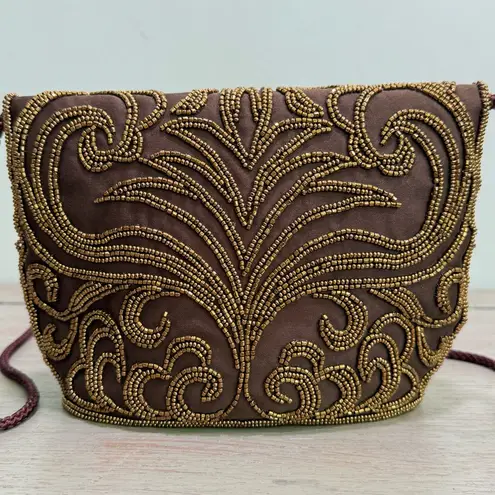 Vintage Walbaeg Beaded Satin Evening Bag Dressy Formal Purse Brown Crossbody