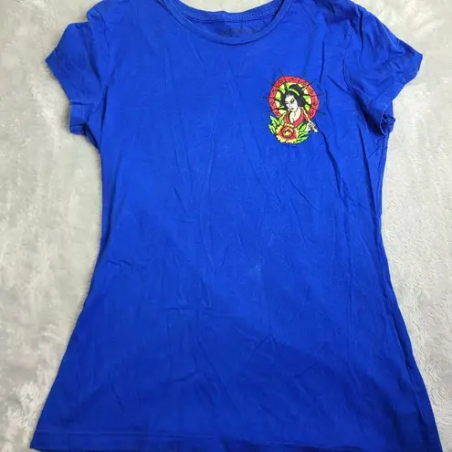 Ed Hardy Vintage Shirt Women's size Large Blue Embroidered