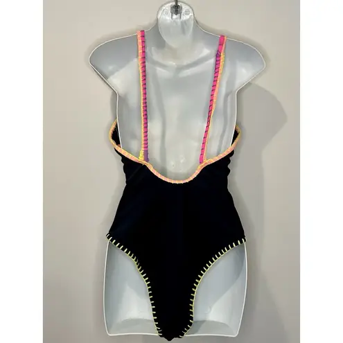 GIanni Bini Black with Neon Multicolor Crochet Trim One Piece Swimsuit Sz L NWT! Size L