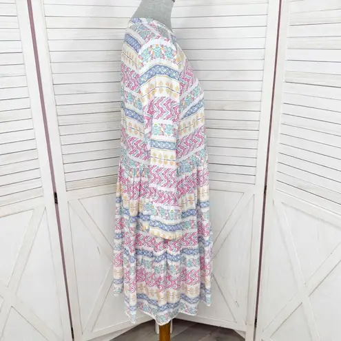 Destination 365 Floral V Neck Tiered Bell Sleeve Tunic Shift Dress White Multi Size M
