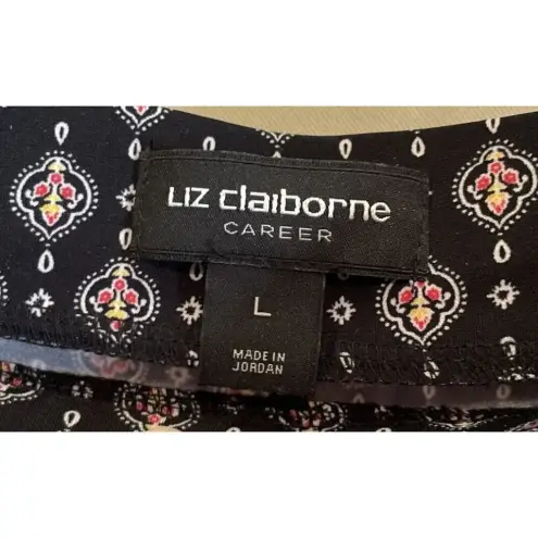 Liz Claiborne  Career Large Pull On Wide Leg Pants Black‎ Geometric Print Stretch