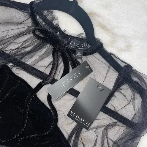 Eloquii Sheer Yoke Velvet Mini Dress in Black