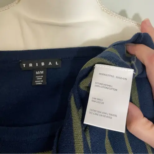 Tribal NWT Marine Blue Olive Green Striped Lace Up Corset Knit Top Sweater New