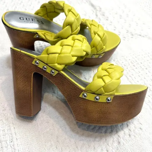 Guess new  Oakly 7 platform neon faux wood braided heels sandals 2039