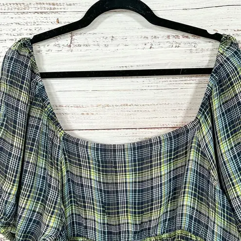 BP  Plaid Navy and Yellow Puff Sleeve Plus Size Crop Top, NWT, Size 2X