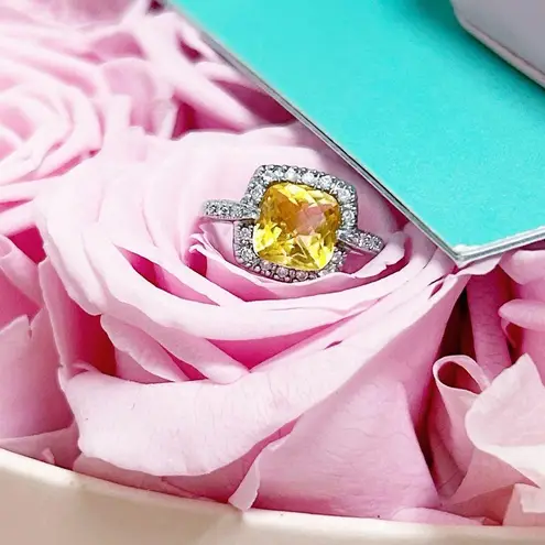 14kt White Gold 2+ Carat Cushion Cut Diamond Halo Citrine Ring Silver Size 6