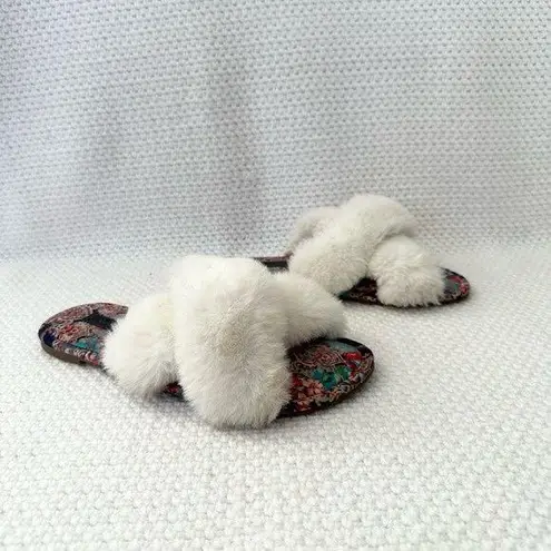 Johnny Was  Ivory Faux Fur Trim Indy X Paisley Print Slippers Women 9