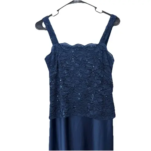 Alex Evenings Navy Blue Lace Glitter Two Piece Jacket Sleeveless Satin Dress 6