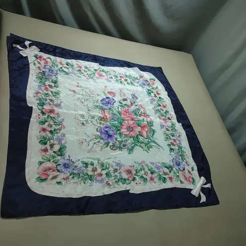Flowers Floral Print Satin Square Scarf 30 by 30 Navy Border Bow Design