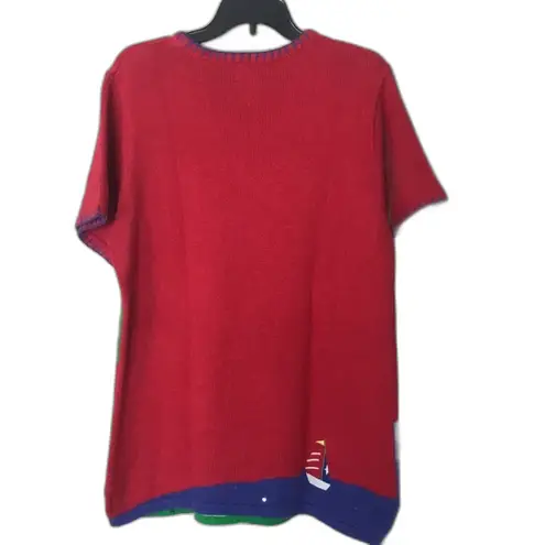 VTG Quaker factory nautical sailboat lighthouse embroidered pullover sweater Red Size M